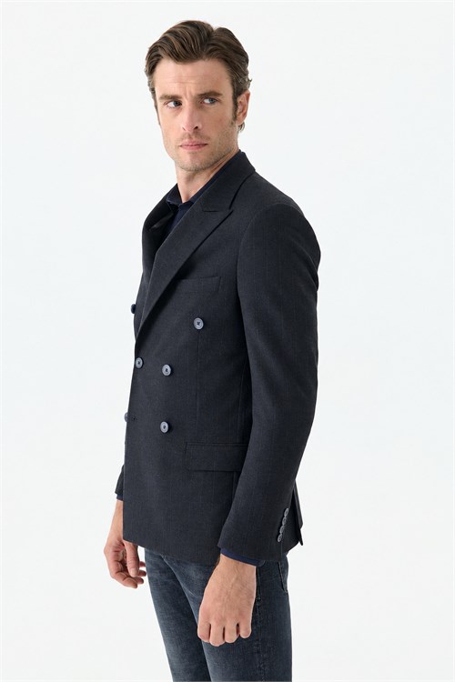 Lacivert Slim Fit Dik Yaka Kruvaze Ceket