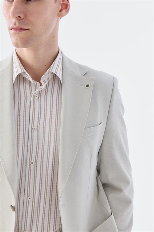 Bej Dar Kalıp - Slim Fit Takım Elbise Mono Yaka