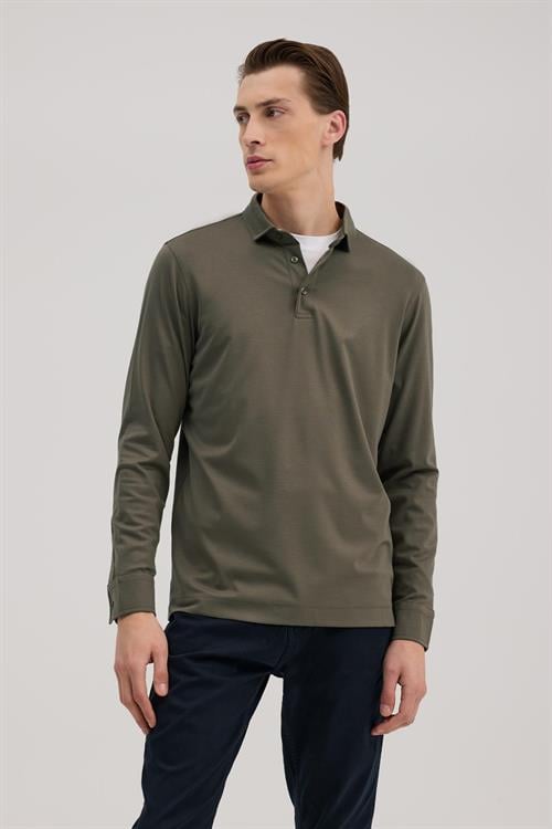 Haki Slim Fit Polo Yaka Sweatshirt