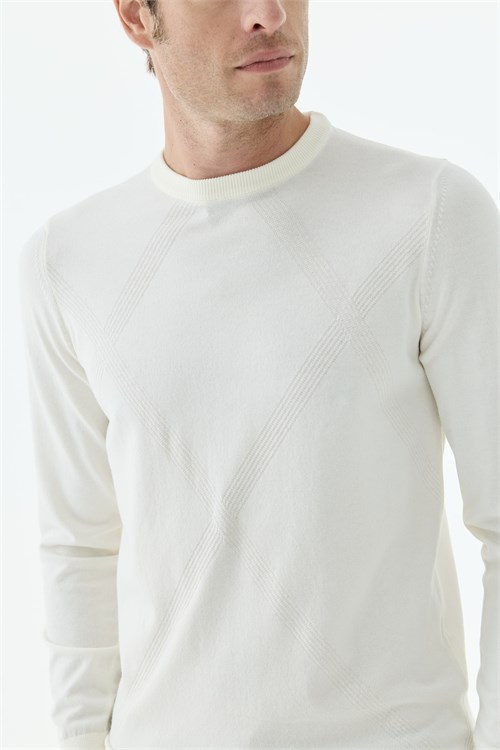 Beyaz Slim Fit Desenli Bisiklet Yaka Triko