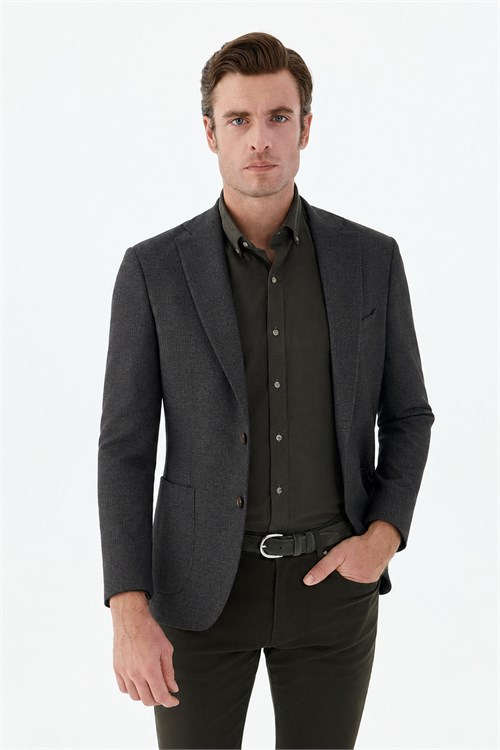Kahve Slim Fit Mono Yaka Desenli Ceket