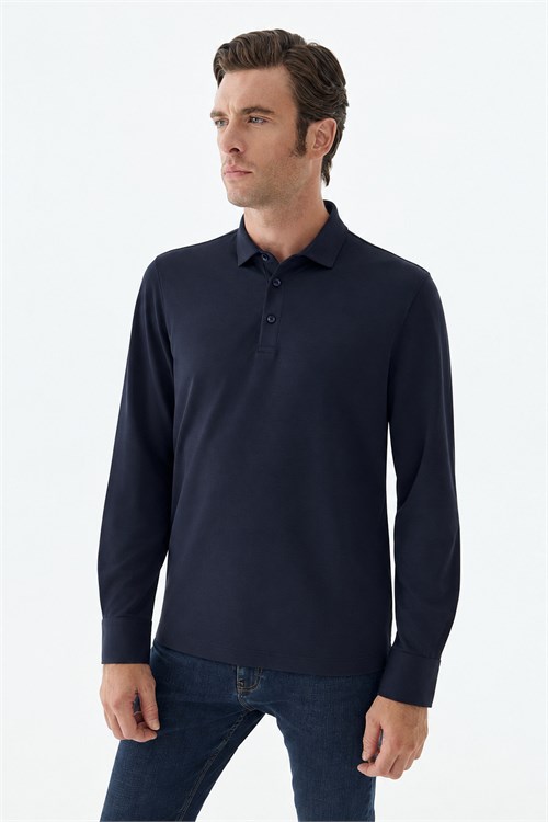 Lacivert Comfort Fit Polo Yaka Sweatshirt