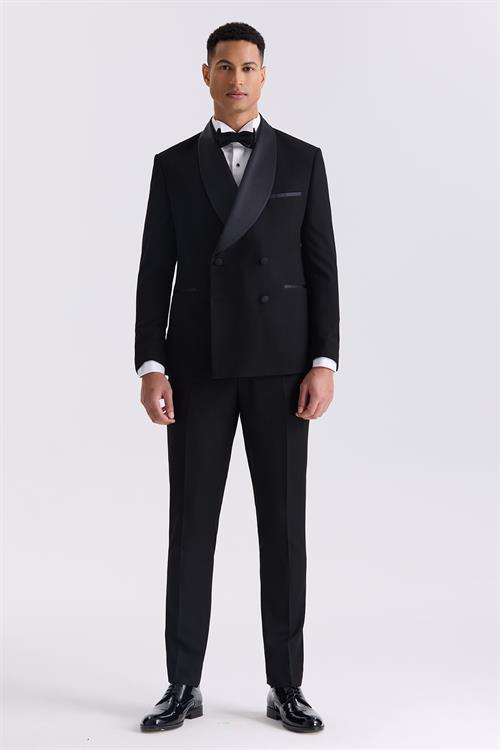 Siyah Slim Fit Sabit Şal Yaka Kruvaze Smokin Takım Elbise