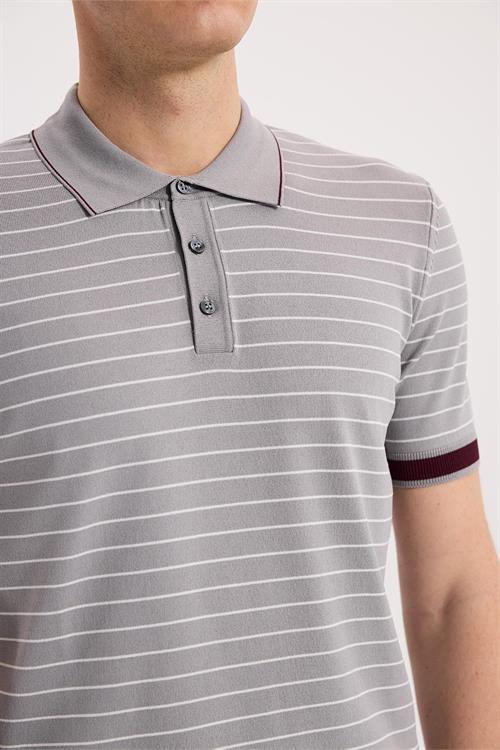 Gri Dar Kalıp - Slim Fit T-Shirt Polo Düğmeli
