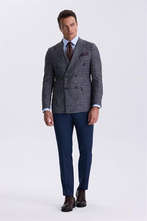 Koyu Lacivert Slim Fit Kırlangıç Yaka Kareli Kombinli Kruvaze Takım Elbise