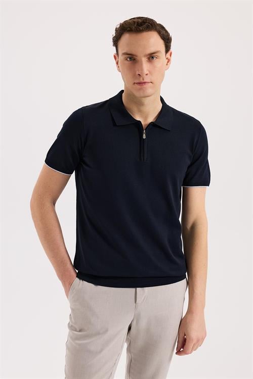 Lacivert Dar Kalıp - Slim Fit T-Shirt Polo Yaka Fermuarlı