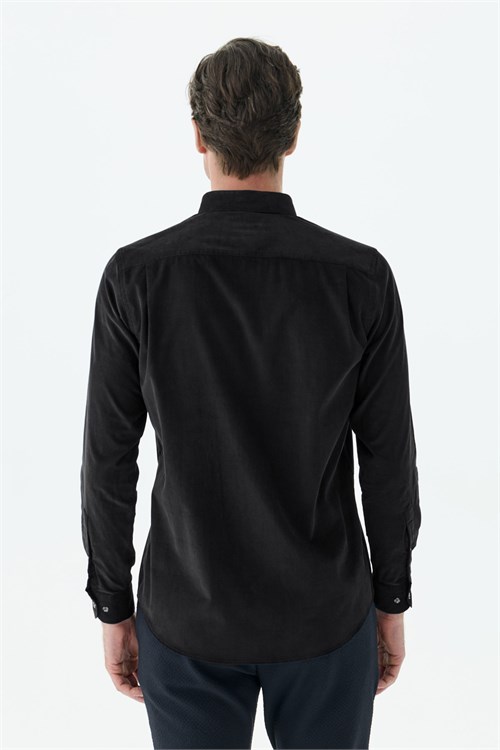 Siyah Comfort Fit %100 Pamuk Kadife Gömlek