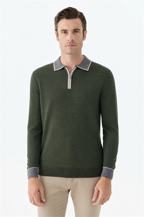 Yeşil Slim Fit Polo Yaka Fermuarlı Triko Kazak