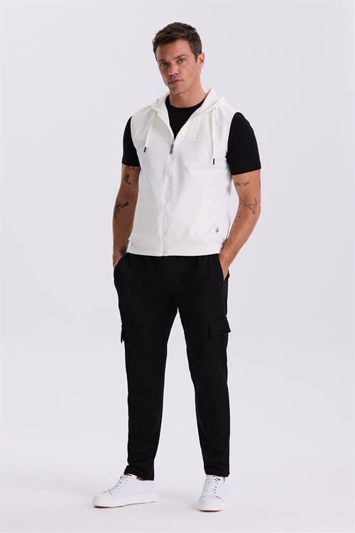 Ekru Slim Fit Kapüşonlu Pamuklu Likralı Yelek