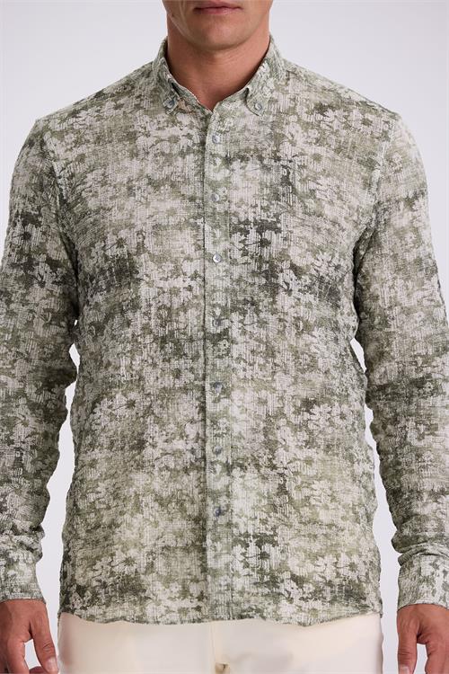 Yeşil Desenli Düğmeli Yaka Comfort Fit Gömlek