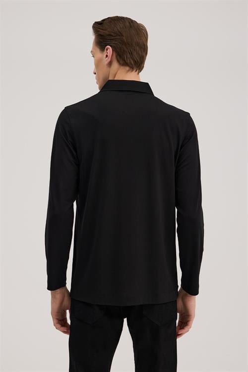 Siyah Slim Fit Fermuarlı Polo Yaka Sweatshirt