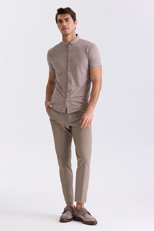 Bej Slim Fit Gömlek Yaka Düğmeli T-Shirt