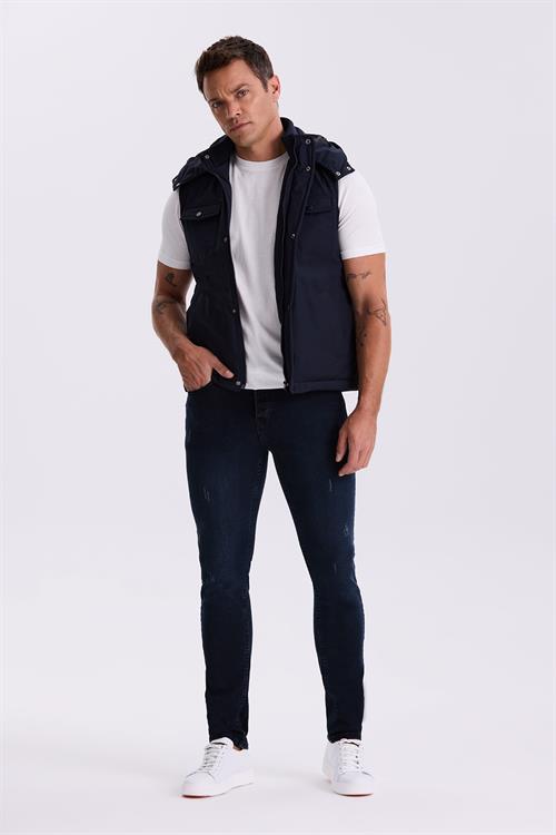 Lacivert Comfort Fit Cepli Kapüşonlu Rahat Kesim Safari Yelek