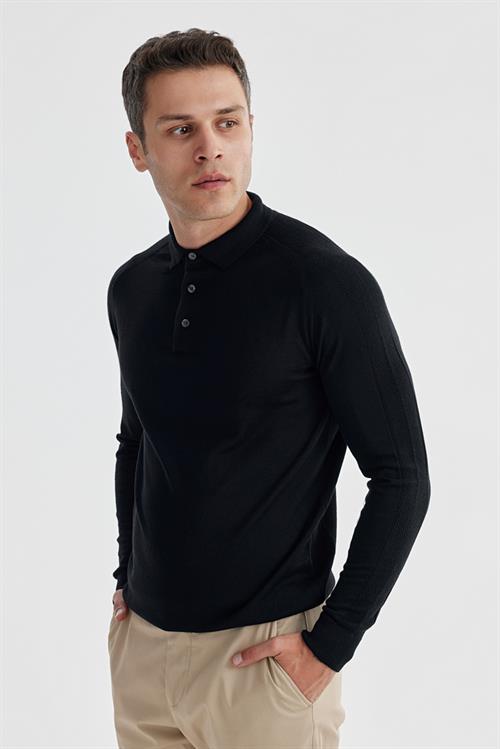 Lacivert Slim Fit Yünlü Desenli Polo Yaka Triko