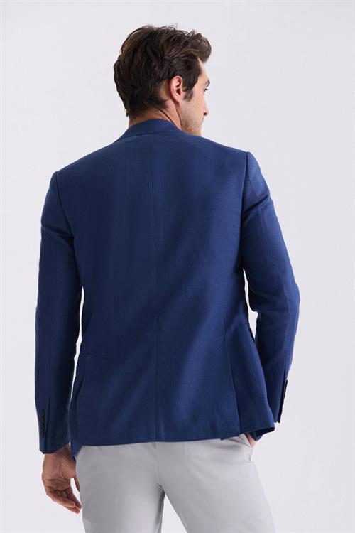 Lacivert Slim Fit Sivri Yaka Keten Spor Ceket