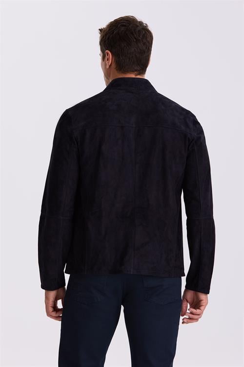 Lacivert Comfort Fit Dik Yaka Çift Taraflı %100 Deri Mont