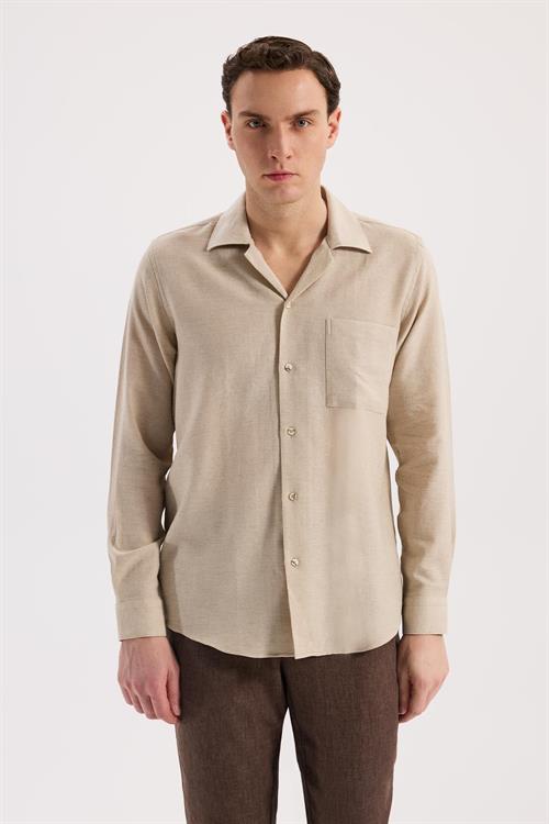 Bej Oversize Cepli Pamuk Karışımlı Gömlek