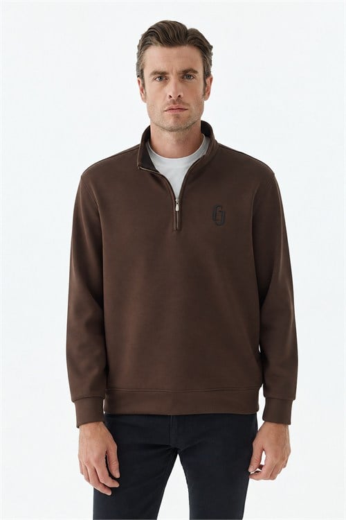 Kahve Comfort Fit Fermuarlı Dik Yaka Rayon Sweatshirt