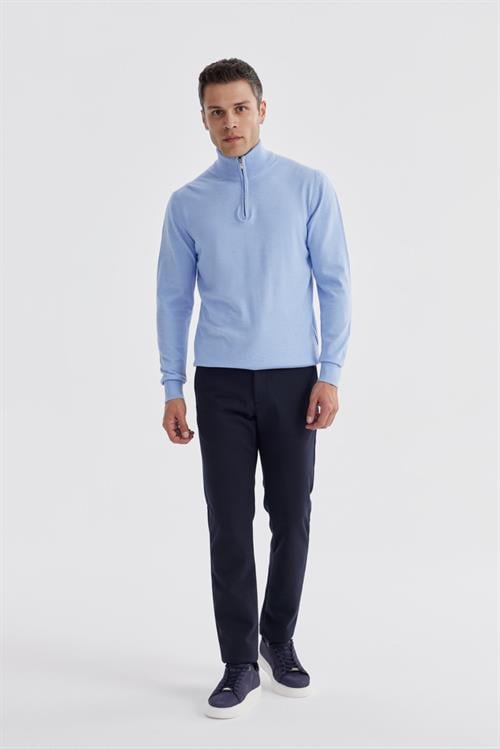 Mavi Slim Fit Fermuarlı Dik Yaka Triko Kazak
