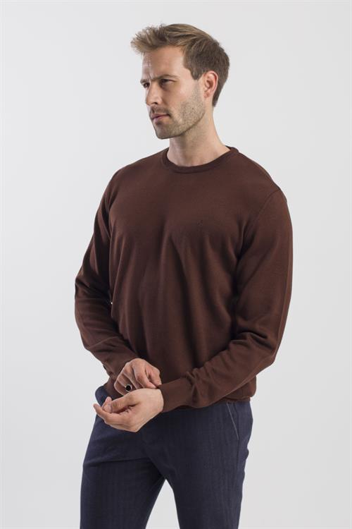 Kahve Slim Fit Bisiklet Yaka Triko Kazak