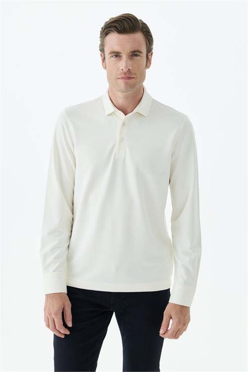 Beyaz Slim Fit Fermuarlı Polo Yaka Sweatshirt