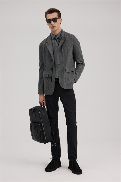 Gri Dar Kalıp - Slim Fit Ceket Mont Patlı