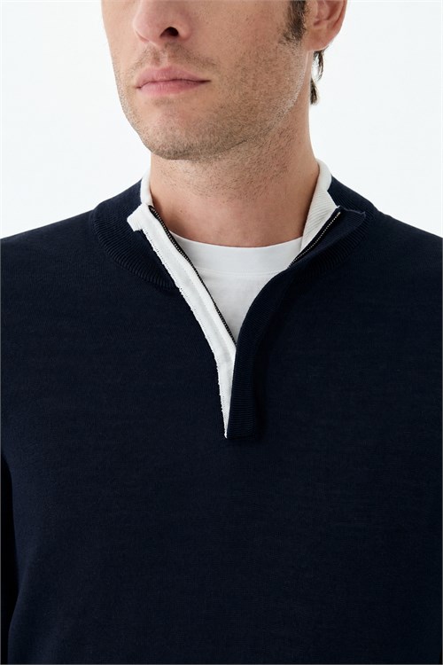 Lacivert Slim Fit Yünlü Fermuarlı Triko