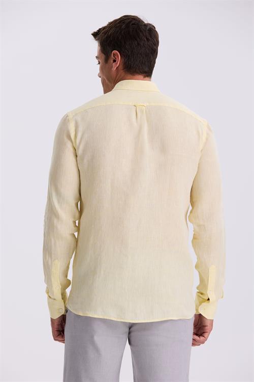 Sarı %100 Keten Düğmeli Yaka Comfort Fit Gömlek