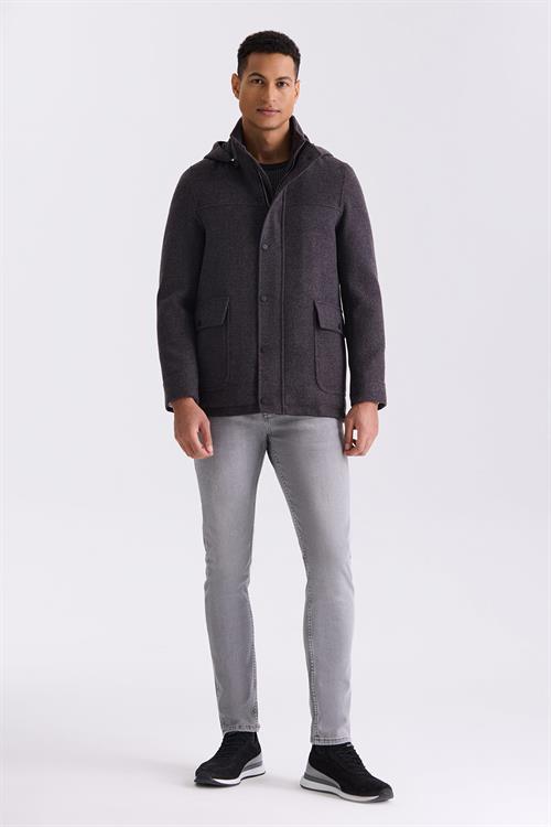 Bordo Comfort Fit Hakim Yaka Desenli Kapüşonlu Yünlü Spor Kaban