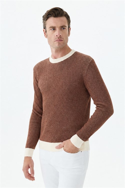 Kahve Comfort Fit Desenli Bisiklet Yaka Triko