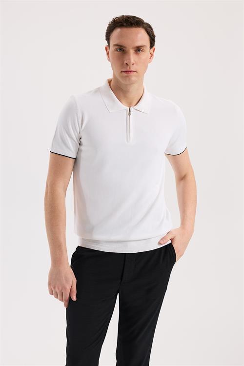 Beyaz Dar Kalıp - Slim Fit T-Shirt Polo Yaka Fermuarlı