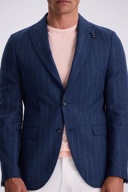 Lacivert Slim Fit Kırlangıç Yaka Çizgili Keten Pamuk Mevsimlik Ceket