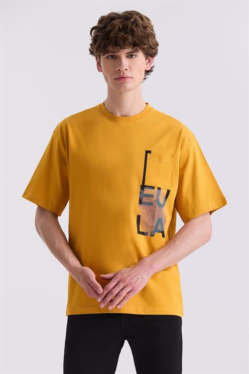 Sarı Over Size Yazı Baskılı Bisiklet Yaka T-Shirt