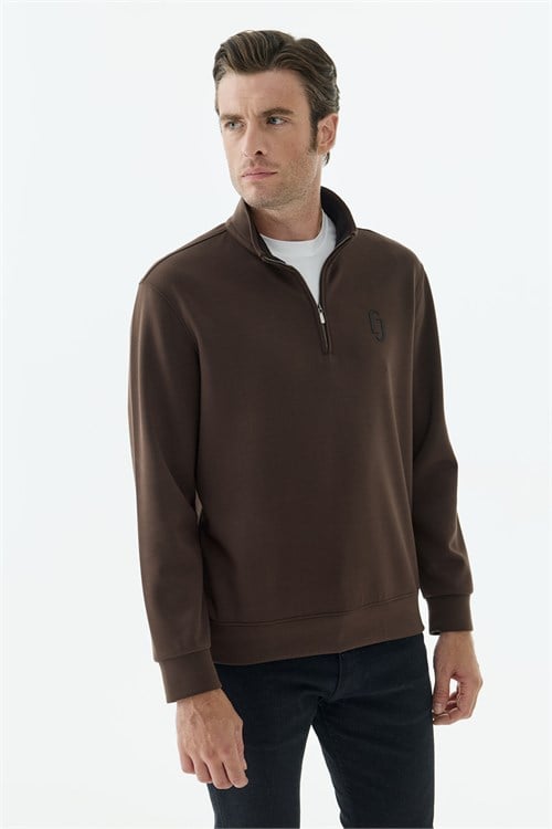 Kahve Comfort Fit Fermuarlı Dik Yaka Rayon Sweatshirt