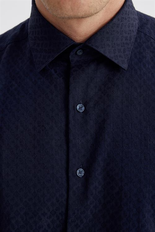 Lacivert Slim Fit Desenli Klasik Kravatlık Pamuklu Gömlek