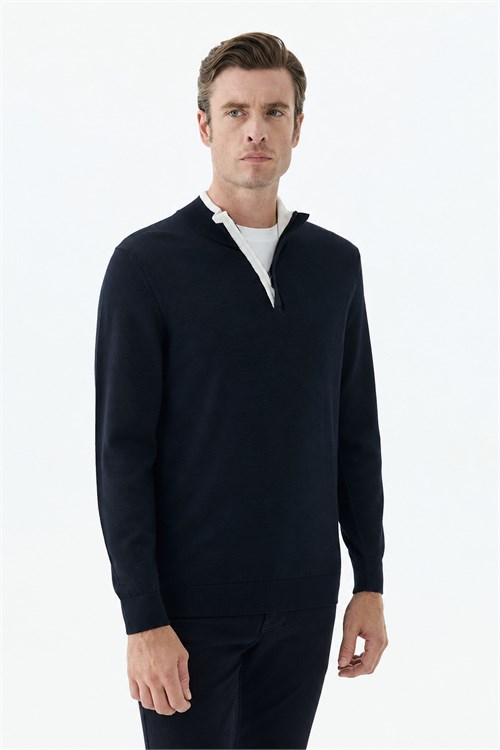 Lacivert Slim Fit Yünlü Fermuarlı Triko
