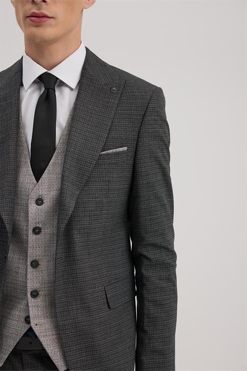 Antrasit Dar Kalıp - Slim Fit Takım Elbise Sivri Yaka