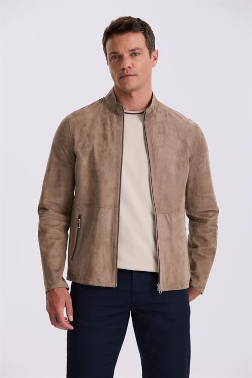 Bej Comfort Fit Dik Yaka Çift Taraflı %100 Deri Mont