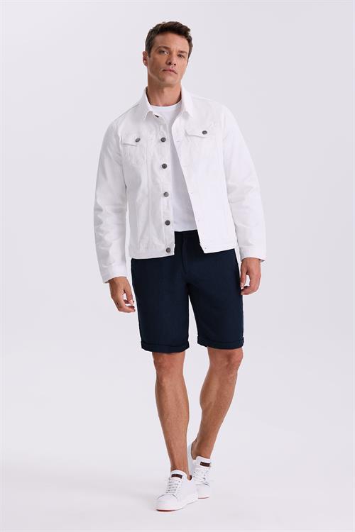 Beyaz Slim Fit Bebe Yaka Pamuklu Cepli Denim Kot Ceket