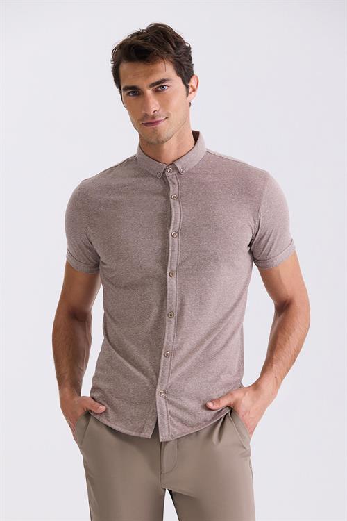 Bej Slim Fit Gömlek Yaka Düğmeli T-Shirt