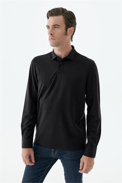 Siyah Comfort Fit Polo Yaka Sweatshirt