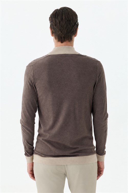 Kahve Slim Fit Fermuarlı Triko Yünlü Kazak