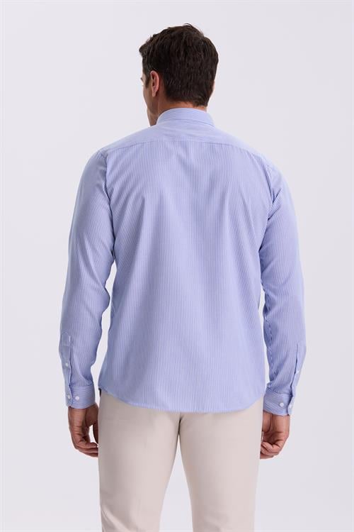 Lacivert Comfort Fit Ütü Gerektirmeyen %100 Pamuk Çizgili Non İron Gömlek