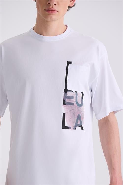 Beyaz Over Size Yazı Baskılı Bisiklet Yaka T-Shirt