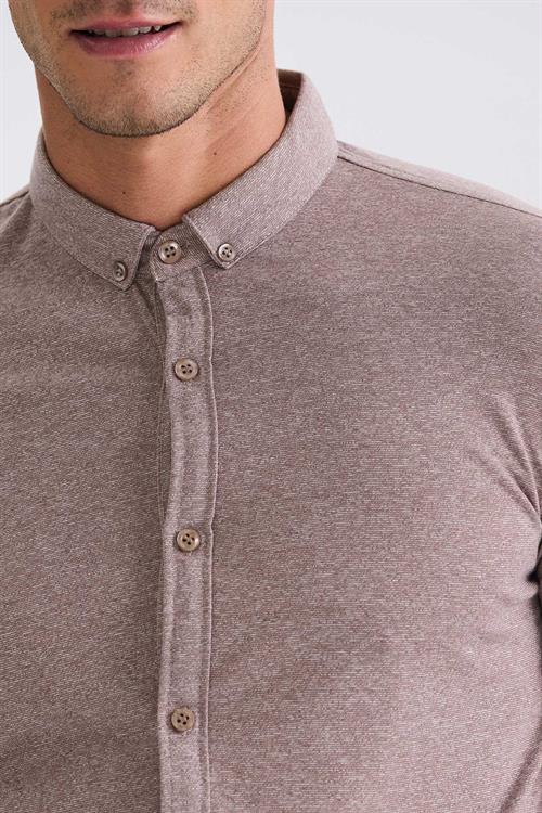 Bej Slim Fit Gömlek Yaka Düğmeli T-Shirt