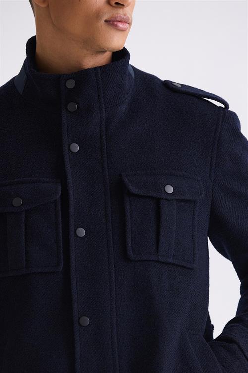 Lacivert-2 Slim Fit Hakim Yaka Apoletli Desenli Spor Kaşe Kaban