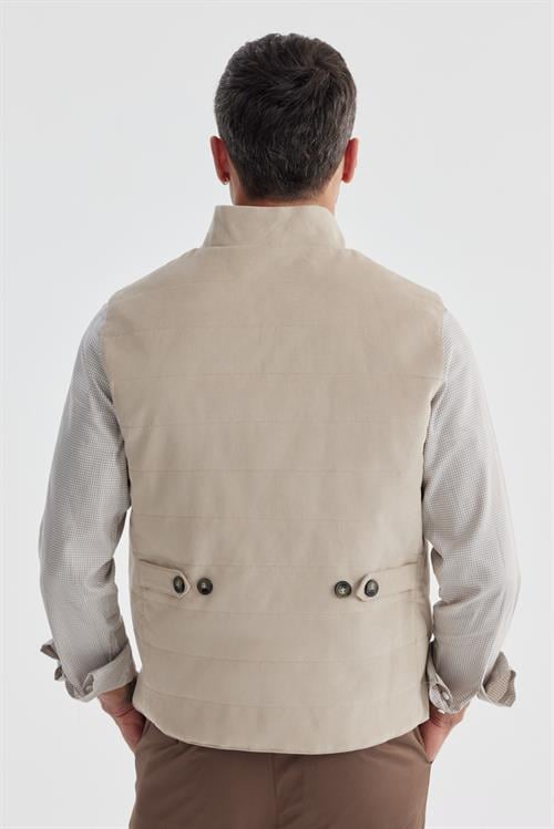 Bej Hakim Yaka Çift Taraflı Slim Fit Yelek