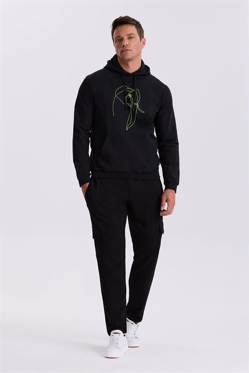 Siyah Slim Fit Kapüşonlu Baskılı %100 Pamuk Sweatshirt