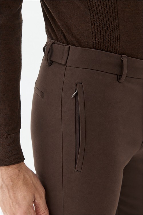 Kahve Comfort Fit Fermuarlı Cepli Kanvas Pantolon