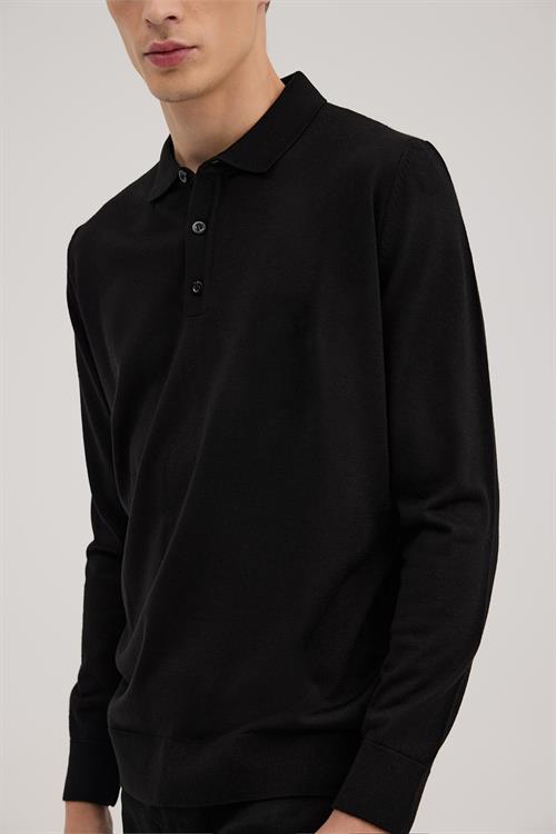 Siyah Comfort Fit Polo Yaka Yünlü Triko
